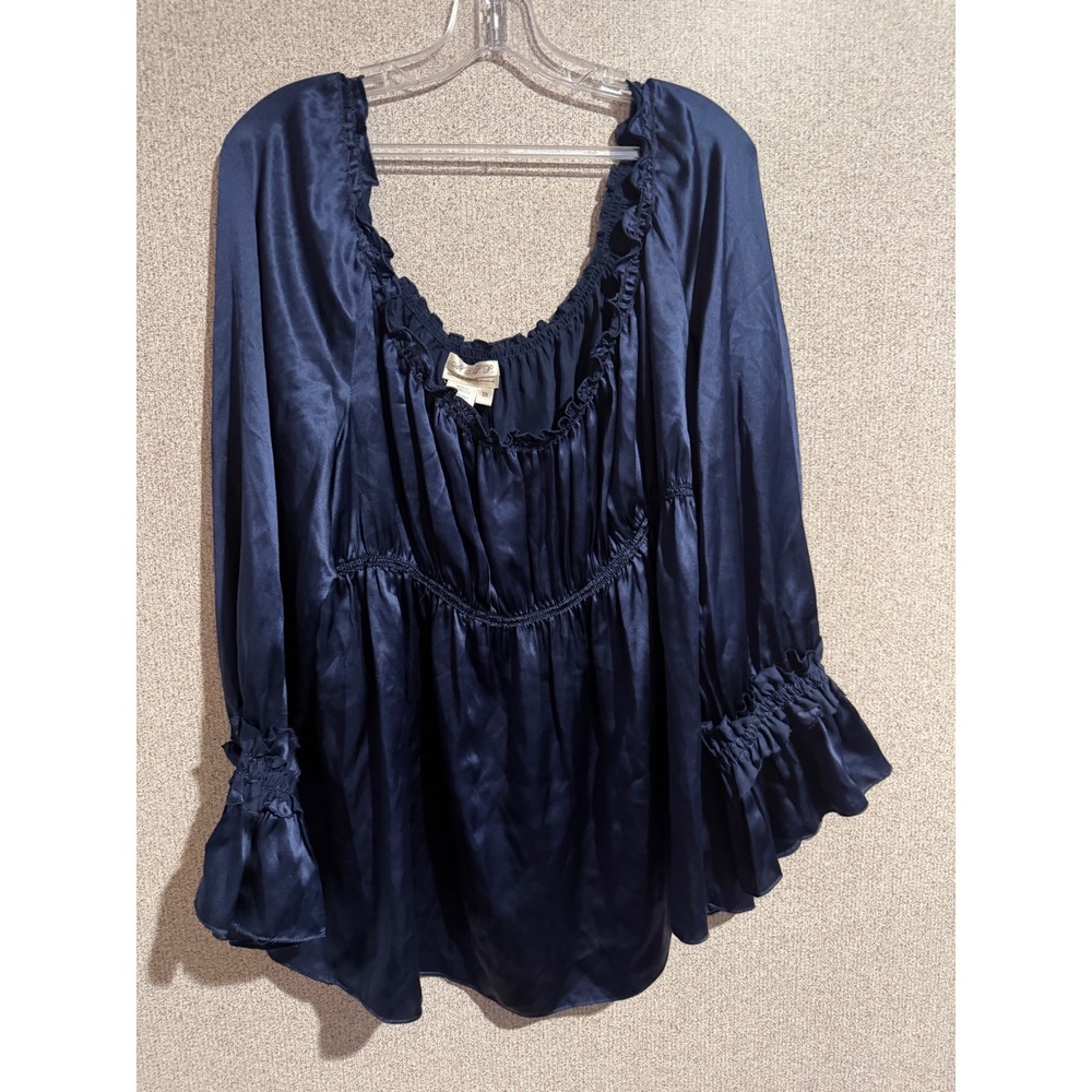 MSSP Navy Blue 100% Silk Ruffle Square Neck Empire Waist Blouse 3X 9Z11C31